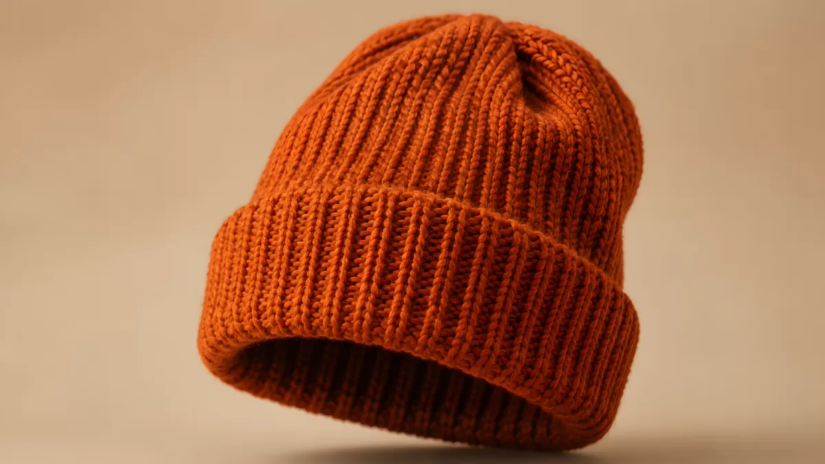 Orangefarbene Strickmütze vor hellem Hintergrund