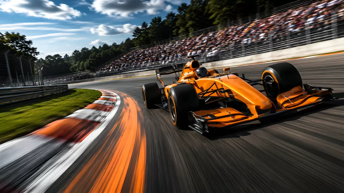 Orangefarbener Formel-1-Bolide rast durch Kurve
