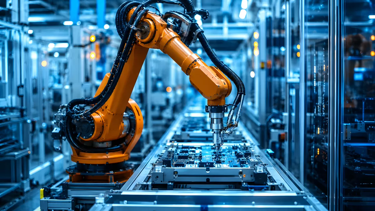 Orangefarbener Industrieroboter bei der Leiterplattenbestückung