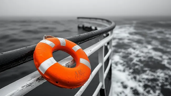 Orangefarbener Rettungsring an Reling eines Schiffs bei Nebel