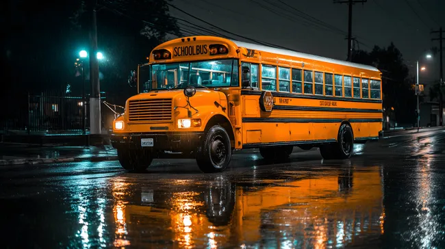 Orangefarbener Schulbus bei Nacht im Regen