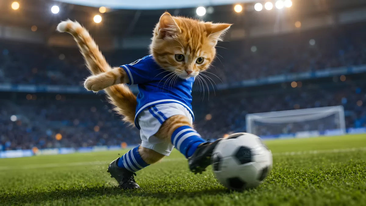 Orangefarbenes Kätzchen im Fußballtrikot tritt den Ball