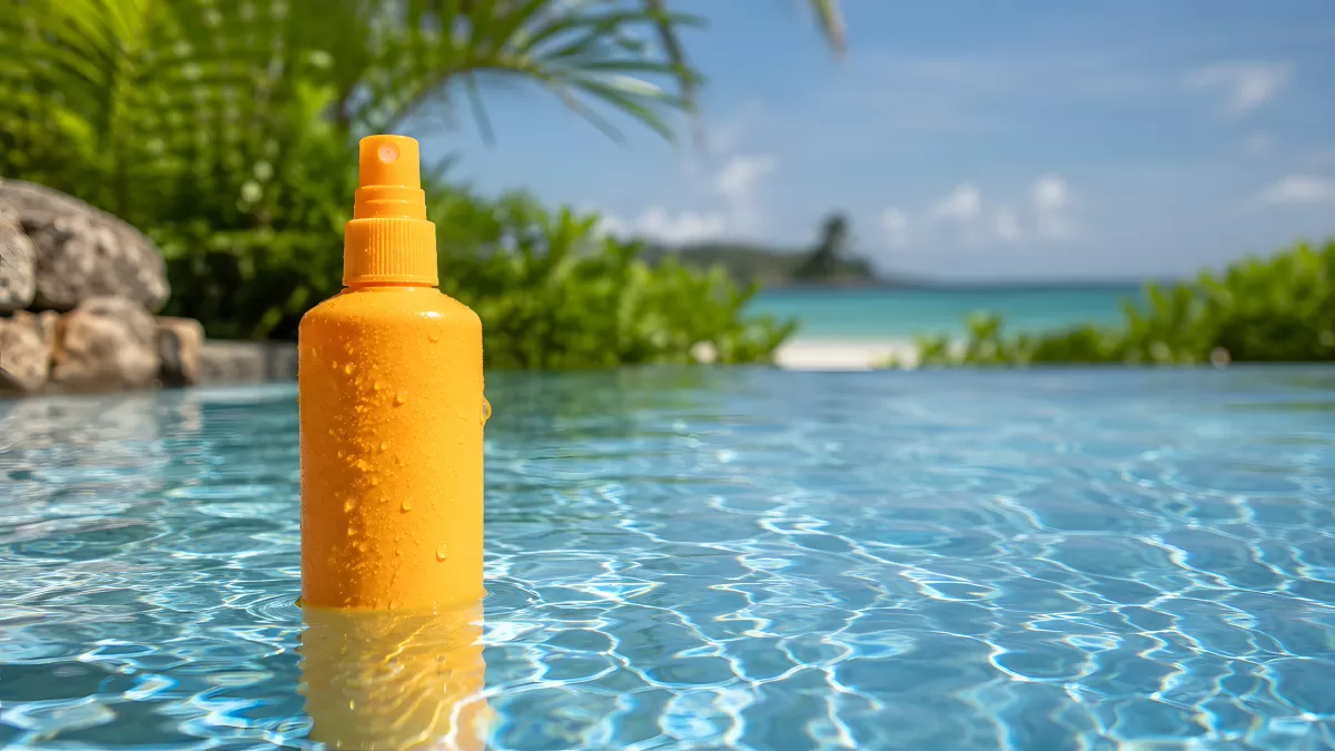 Orangeflasche mit Sonnenschutz am Poolrand im Sommer