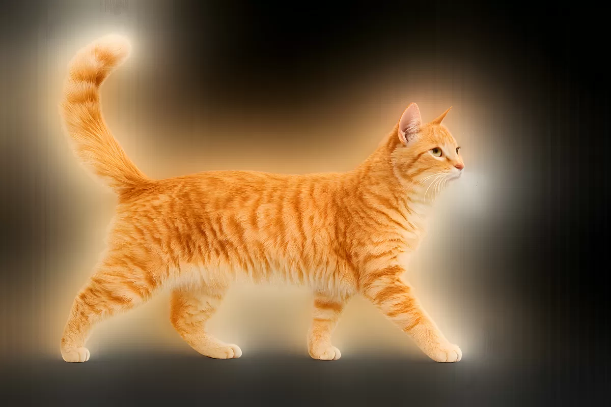 Orangegetigerte Katze läuft elegant vor dunklem Hintergrund