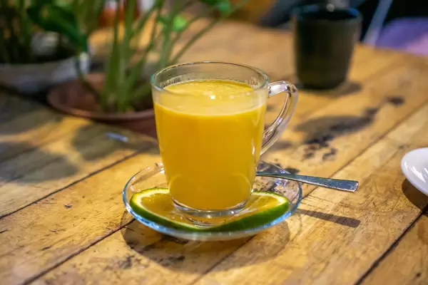 Orangen Tee mit Zimt in einer Glastasse mit Pflanzen im Hintergrund