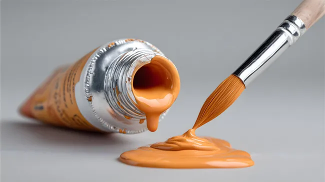 Orangene Acrylfarbe aus Tube mit Pinsel aufgetragen