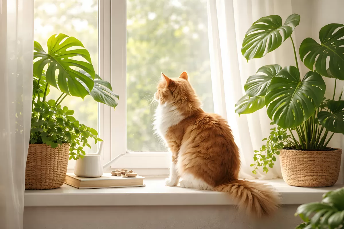 Orangene Katze sitzt am Fensterbrett zwischen Monstera-Pflanzen