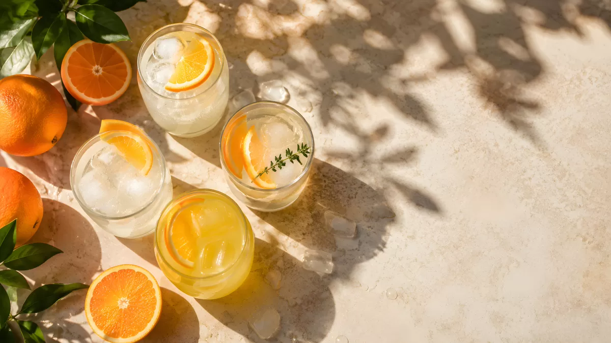 Orangenlimonade mit Eis in Gläsern von oben