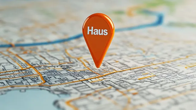 Oranger Standort-Pin zeigt Haus auf Stadtkarte