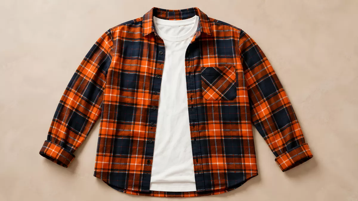 Oranges Flanellhemd mit weißem Shirt darunter