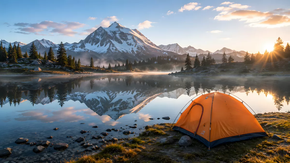 Oranges Zelt am Bergsee bei Sonnenaufgang — Bild kostenlos herunterladen