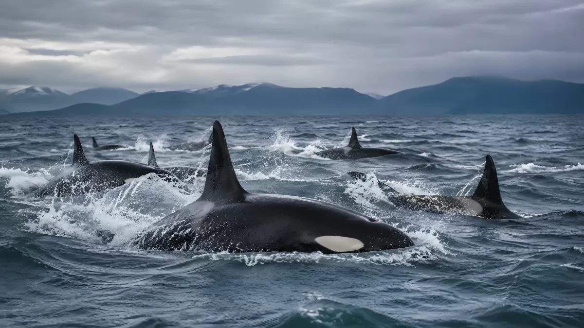 Orca-Schule schwimmt gemeinsam im rauen Nordmeer