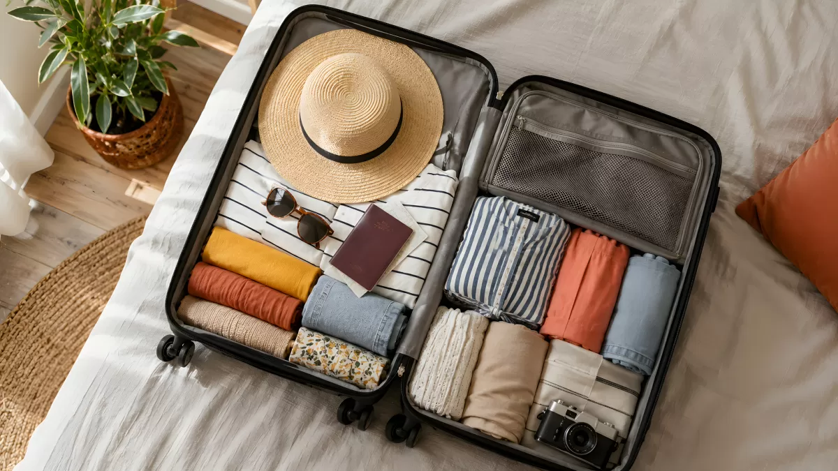 Ordentlich gepackter Koffer mit Sommerkleidung und Reisepass