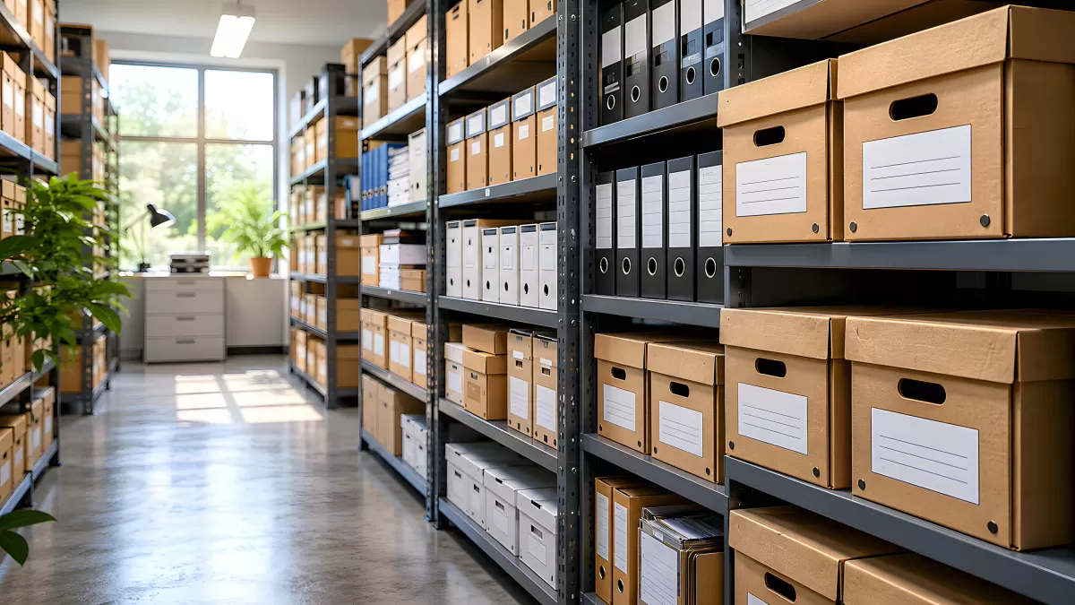 Ordentliches Archivlager mit Kartons und Ordnern