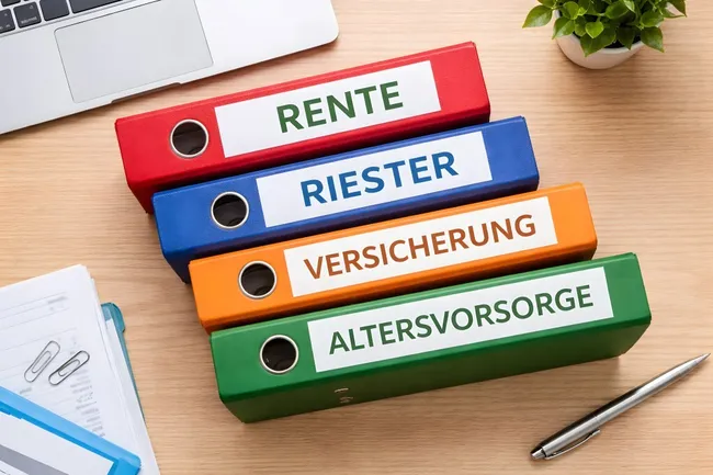 Ordner mit Rentendokumenten auf Holztisch