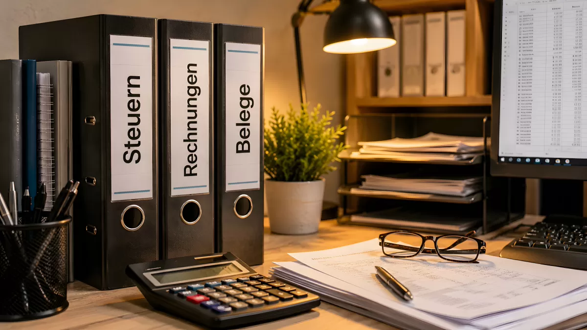 Ordner Steuern Rechnungen Belege auf Büroschreibtisch