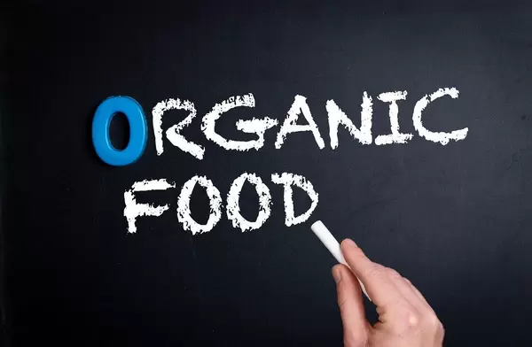 Organic food text on blackboard