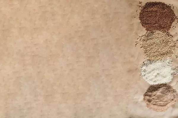 Organic food. View from above. Cereals: buckwheat, rice and barley (Flip 2019)