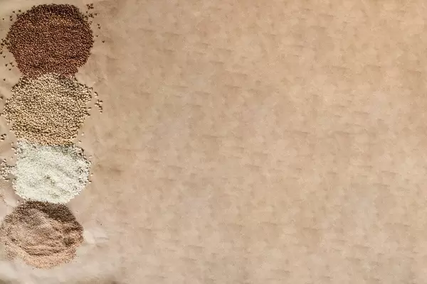 Organic food. View from above. Cereals: buckwheat, rice and barley