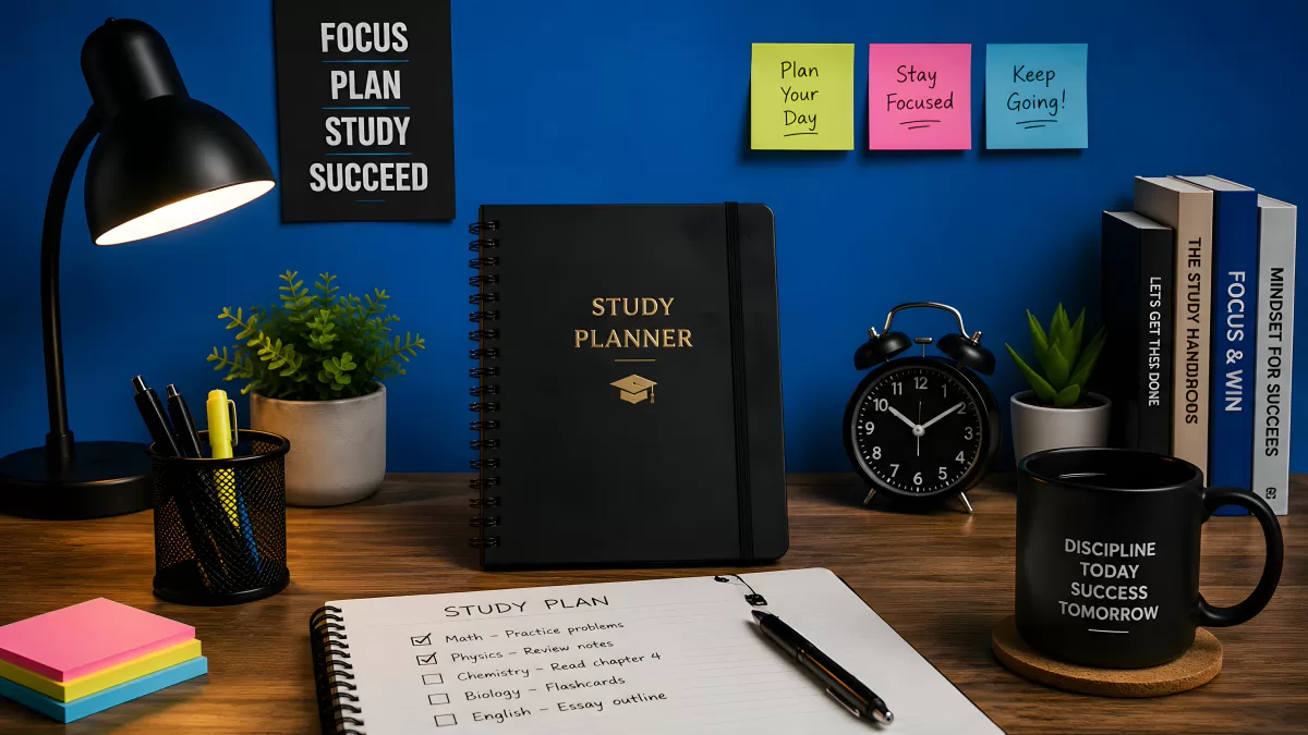 Organisierter Schreibtisch mit Lernplaner und Motivationsdeko