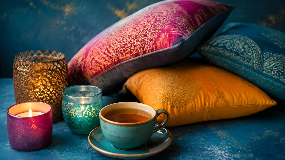 Orientalische Dekokissen mit Tee und Kerzen