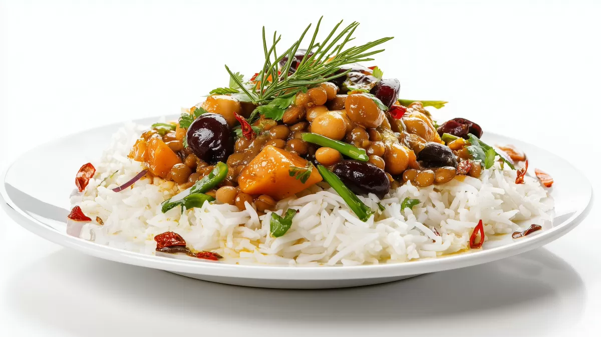 Orientalische Linsen mit Reis auf weißem Teller