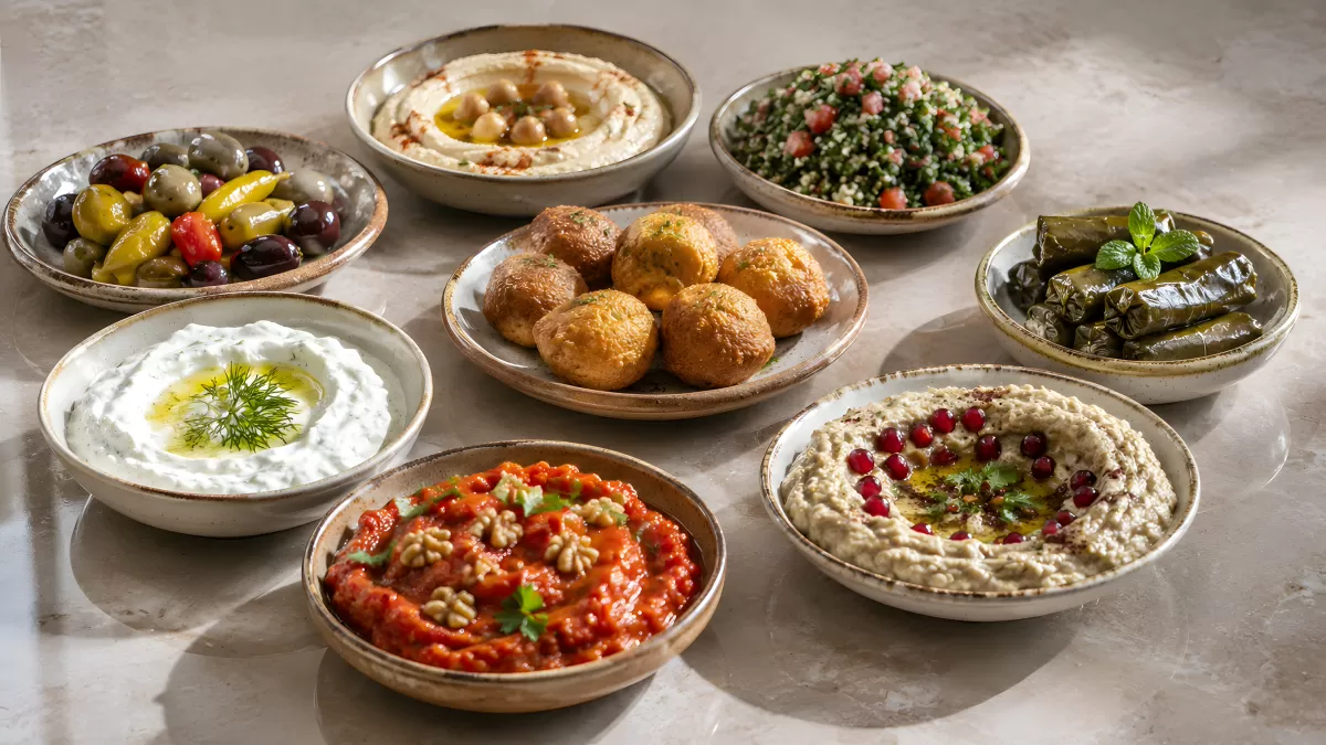 Orientalische Mezze-Auswahl auf hellem Marmortisch