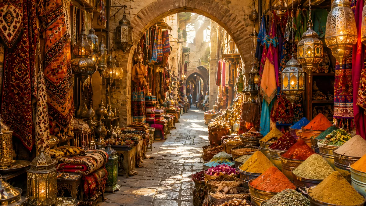 Orientalischer Basar mit Gewürzen und Teppichen