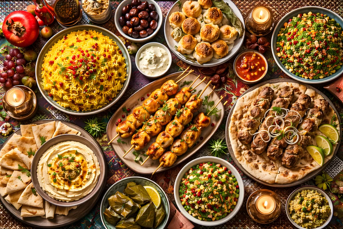 Orientalisches Festmahl mit Kebab, Hummus und Safranreis