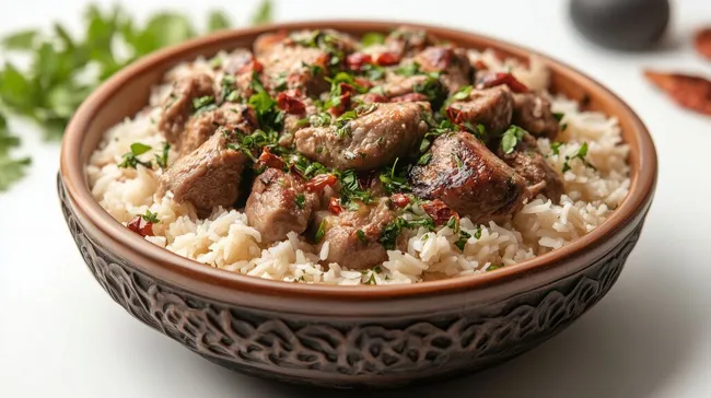 Orientalisches Gericht mit Reis und Fleisch