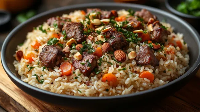 Orientalisches Lamm-Reis-Gericht mit Mandeln