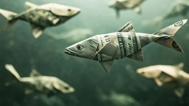 Origami-Fisch aus Dollar-Banknoten im Unterwasser-Setting
