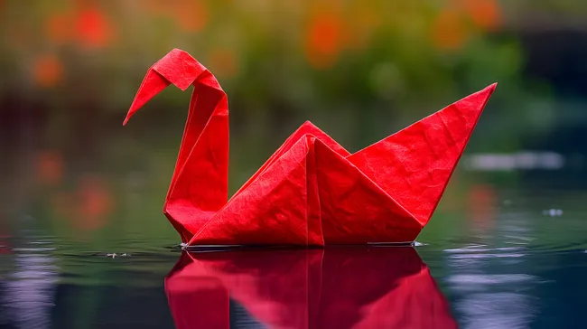 Origami-Schwan auf spiegelglatter Wasseroberfläche