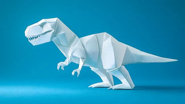 Origami-T-Rex-Figur auf blauem Hintergrund