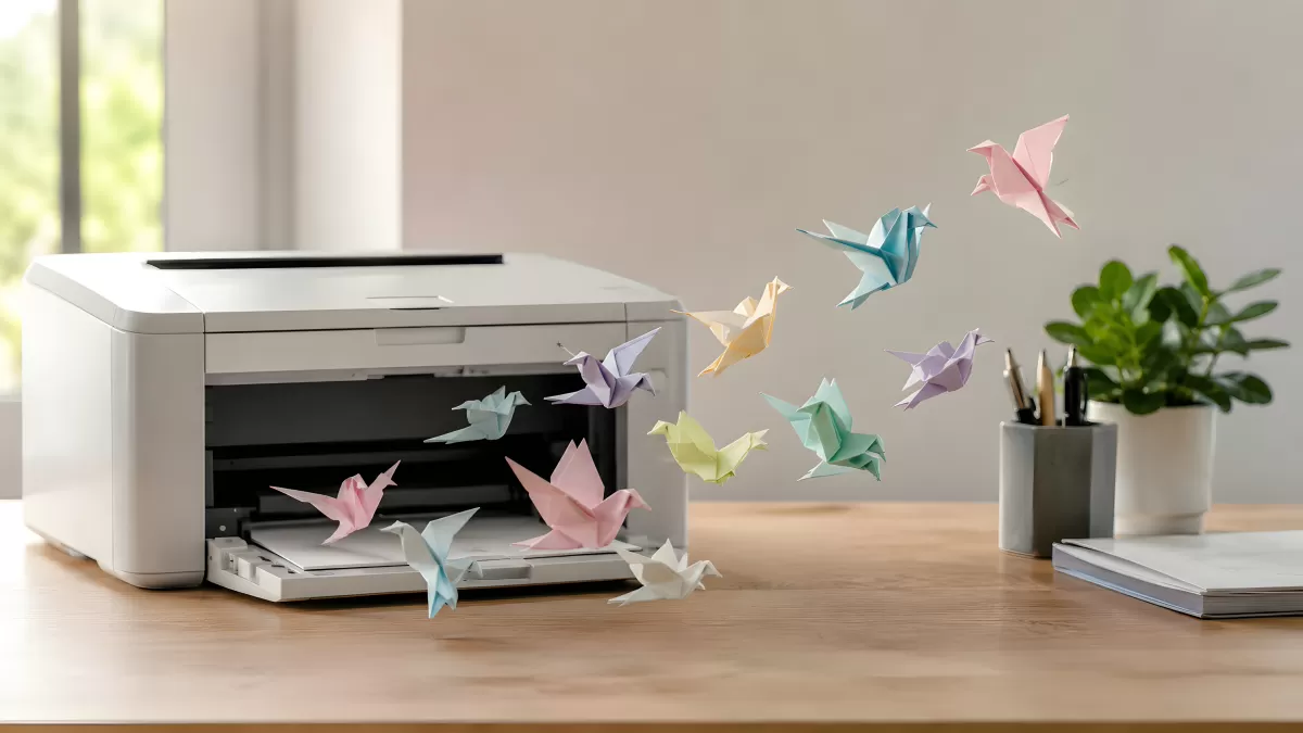 Origami-Vögel fliegen aus einem Drucker auf Holztisch