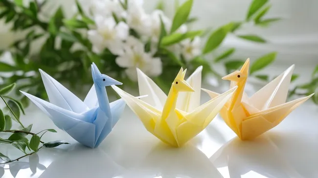 Origami-Vögel in zartem Pastell auf Blumenrankenhintergrund