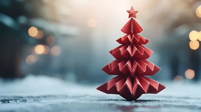 Origami-Weihnachtsbaum in schneebedeckter Winterlandschaft