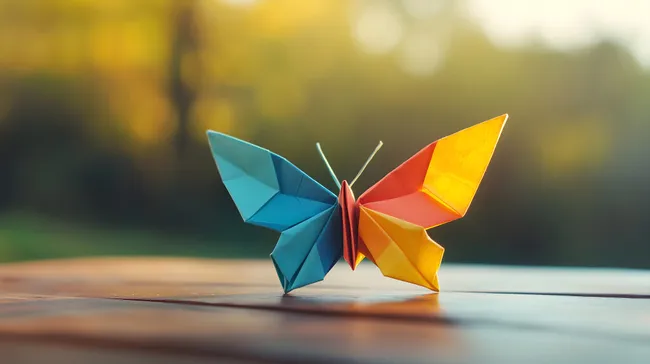 Origamifigur eines bunten Schmetterlings auf Holztisch