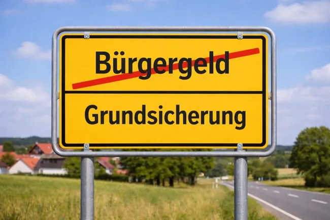 Ortsschild mit Aufschrift 'Bürgergeld' und 'Grundsicherung'
