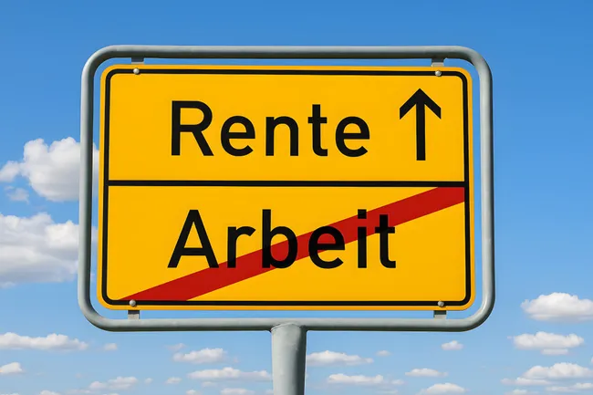 Ortsschild mit Aufschrift 'Rente' statt 'Arbeit'