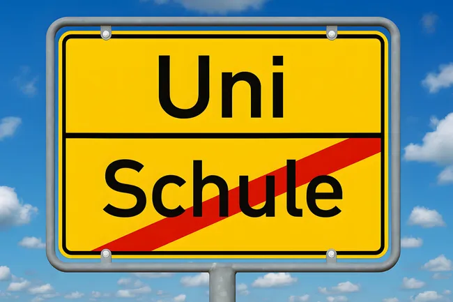 Ortsschild mit Aufschrift 'Uni statt Schule'