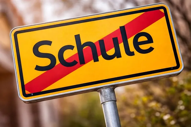 Ortsschild zum Schulanfang mit Feiertagshinweis