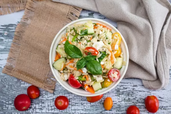 Orzo Salad with Tomato and Cucumber Top View  (Flip 2019)