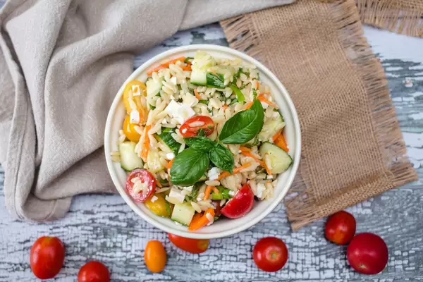Orzo Salad with Tomato and Cucumber Top View