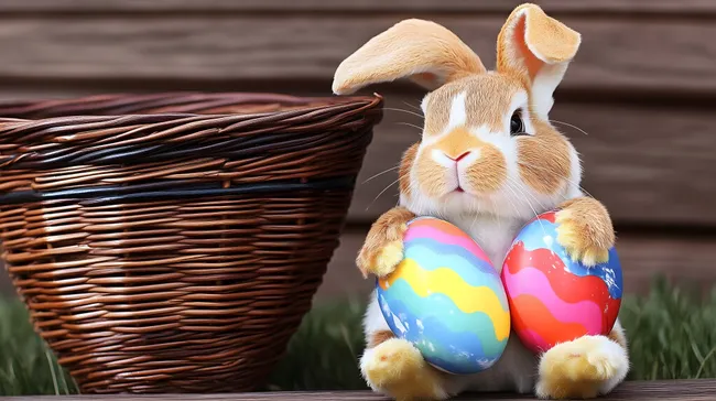 Oster-Hase neben Weidenkorb mit bunten Eiern