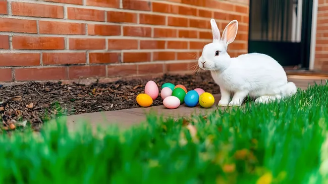Oster-Hase umgeben von bunten Eiern auf Rasen vor Ziegelwand