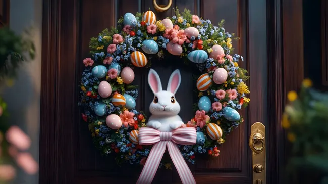 Oster-Kranz mit bunten Eiern und Hasen an Holztür