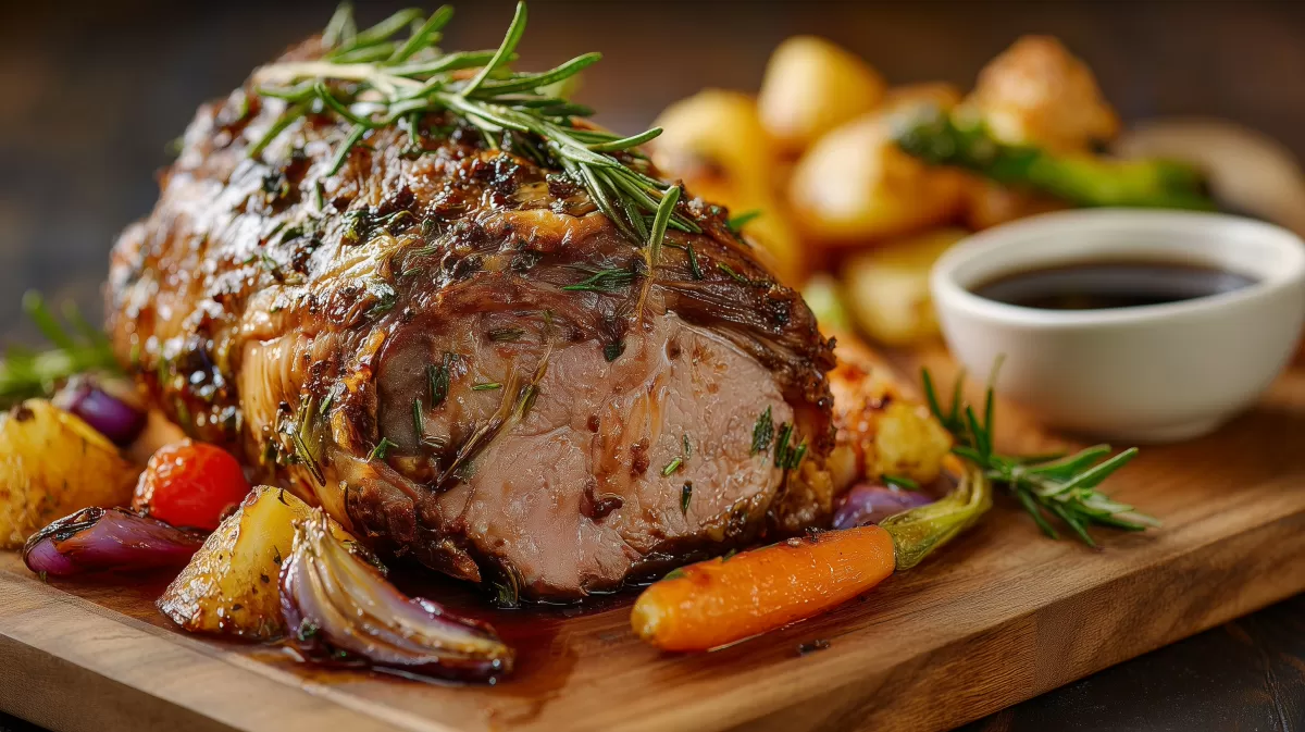 Oster Lammkeule mit Rosmarin auf Holzbrett