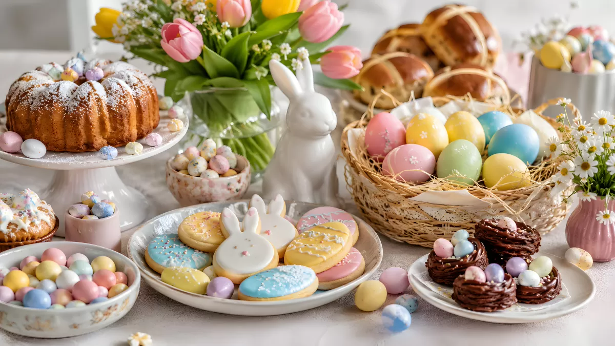 Osterbrunch-Tisch mit Kuchen, Keksen und bunten Eiern