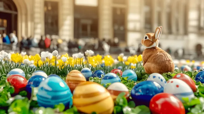 Osterdekor mit Hasen und bunten Eiern in der Innenstadt
